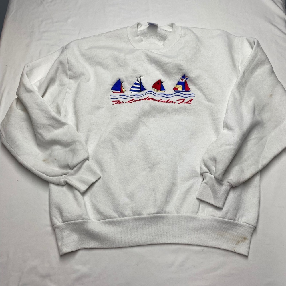 Vintage Jerzees Ft Lauderdale Florida Sailboat Embroidered Sweatshirt White L